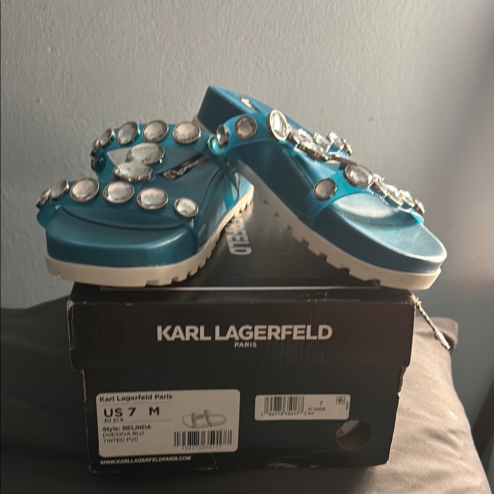 Karl Lagerfeld Turquoise Embellished Slides